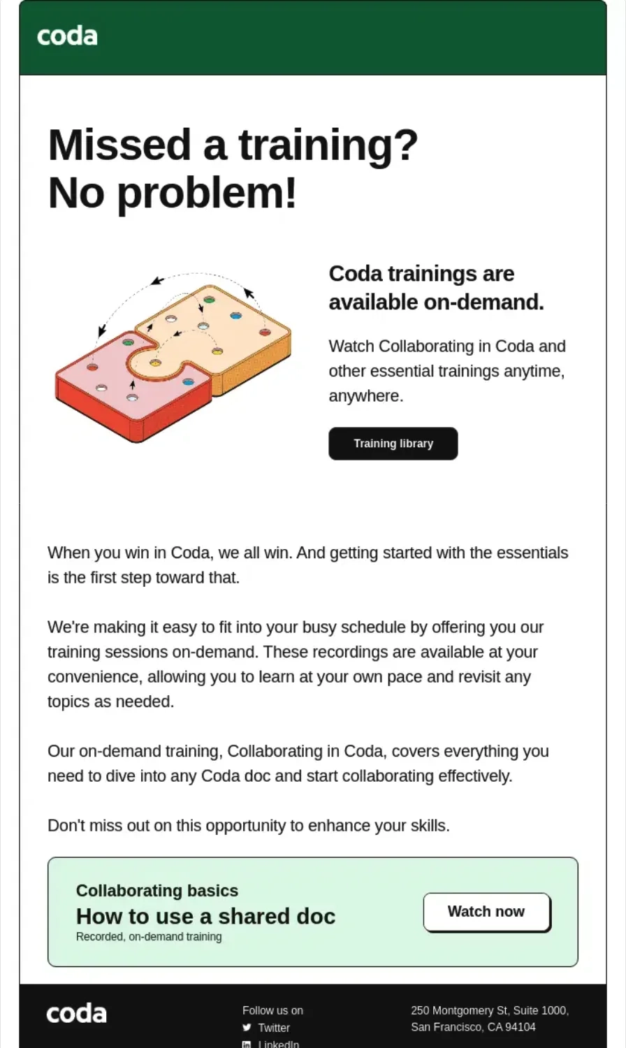 Multimodal Onboarding in SaaS Emails: Screenshot of Coda’s email featuring multiple onboarding methods