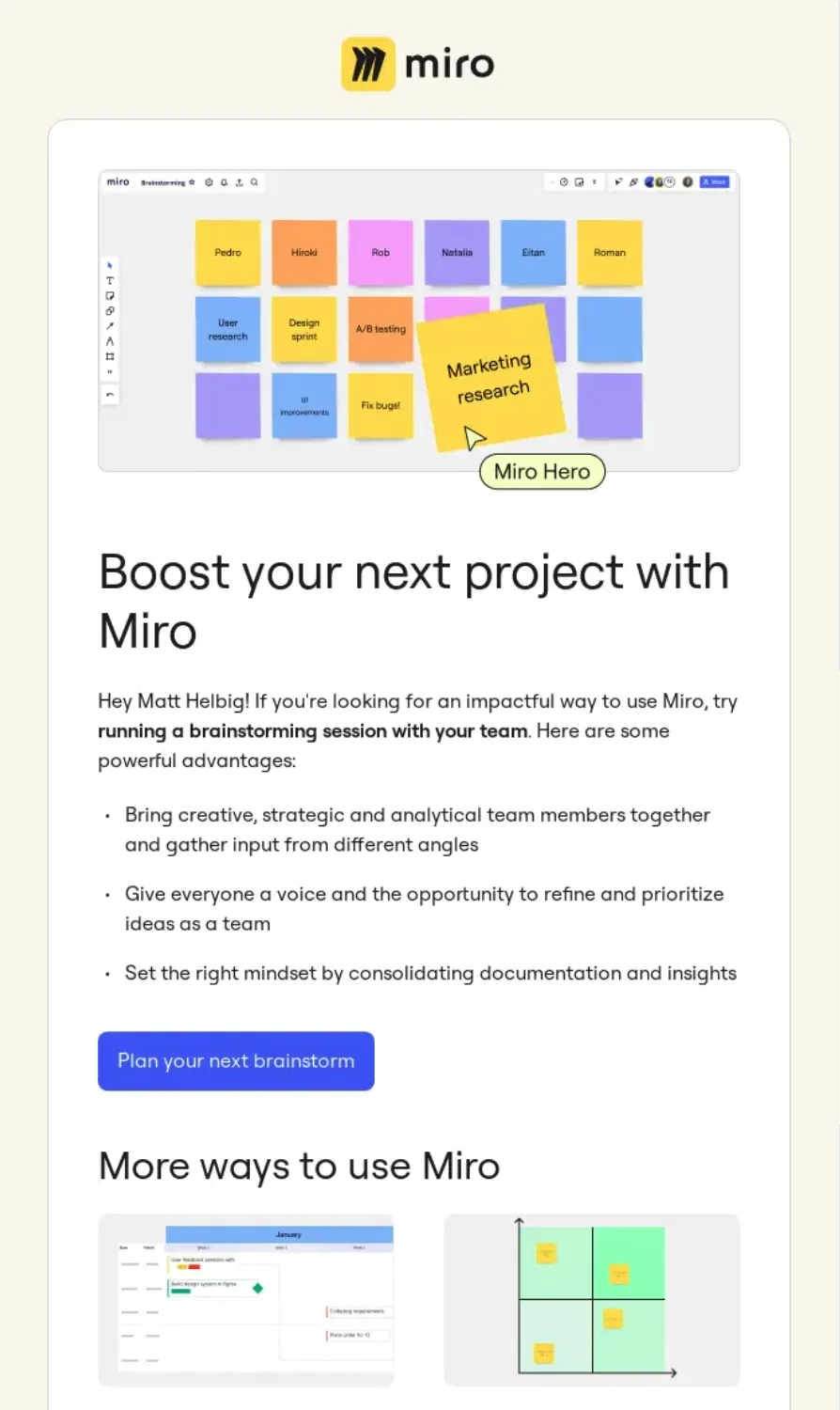 Multimodal Onboarding in SaaS Emails: Screenshot of Miro’s email featuring multiple onboarding methods