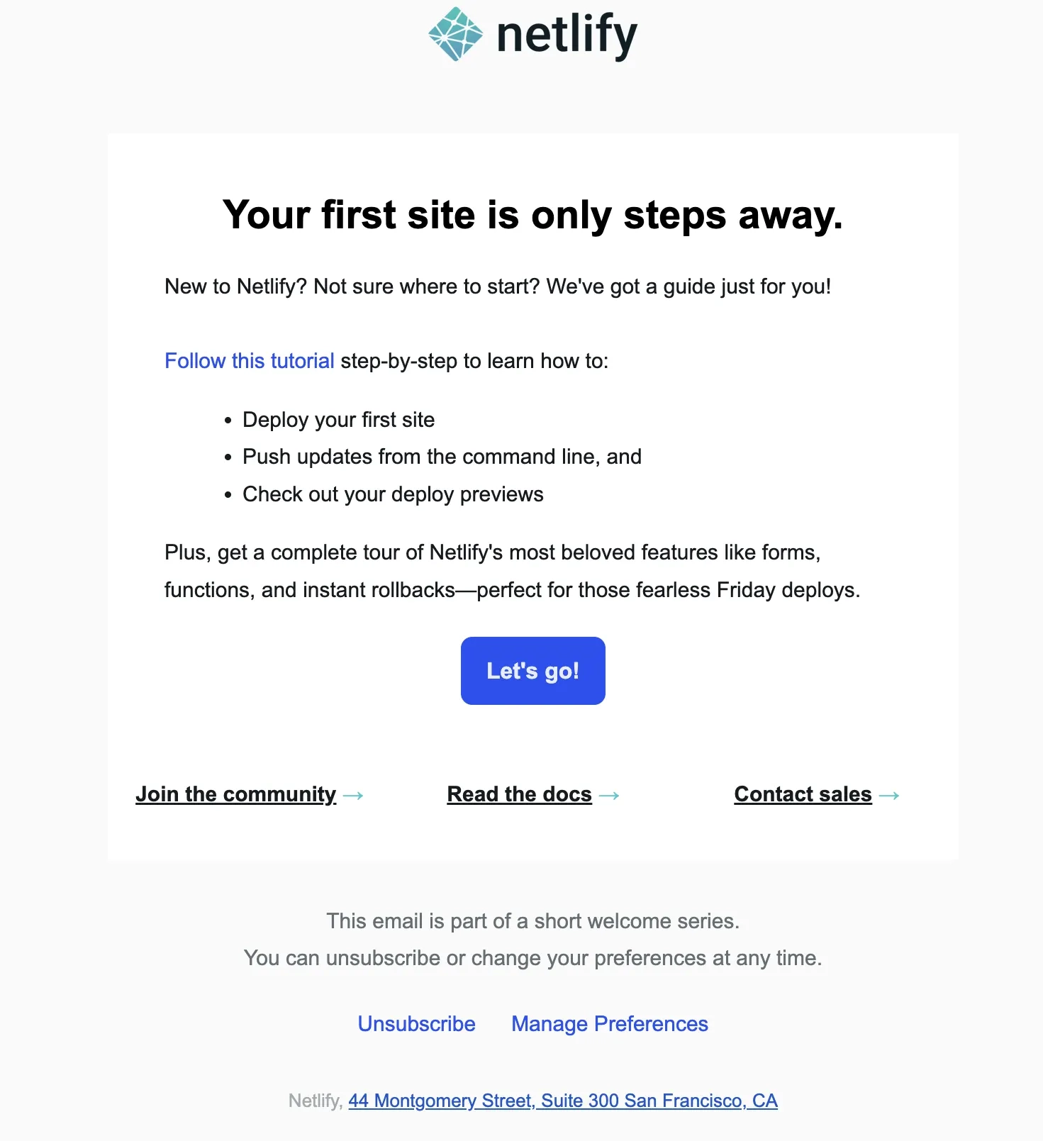 Multimodal Onboarding in SaaS Emails: Screenshot of Netlify’s email featuring multiple onboarding methods