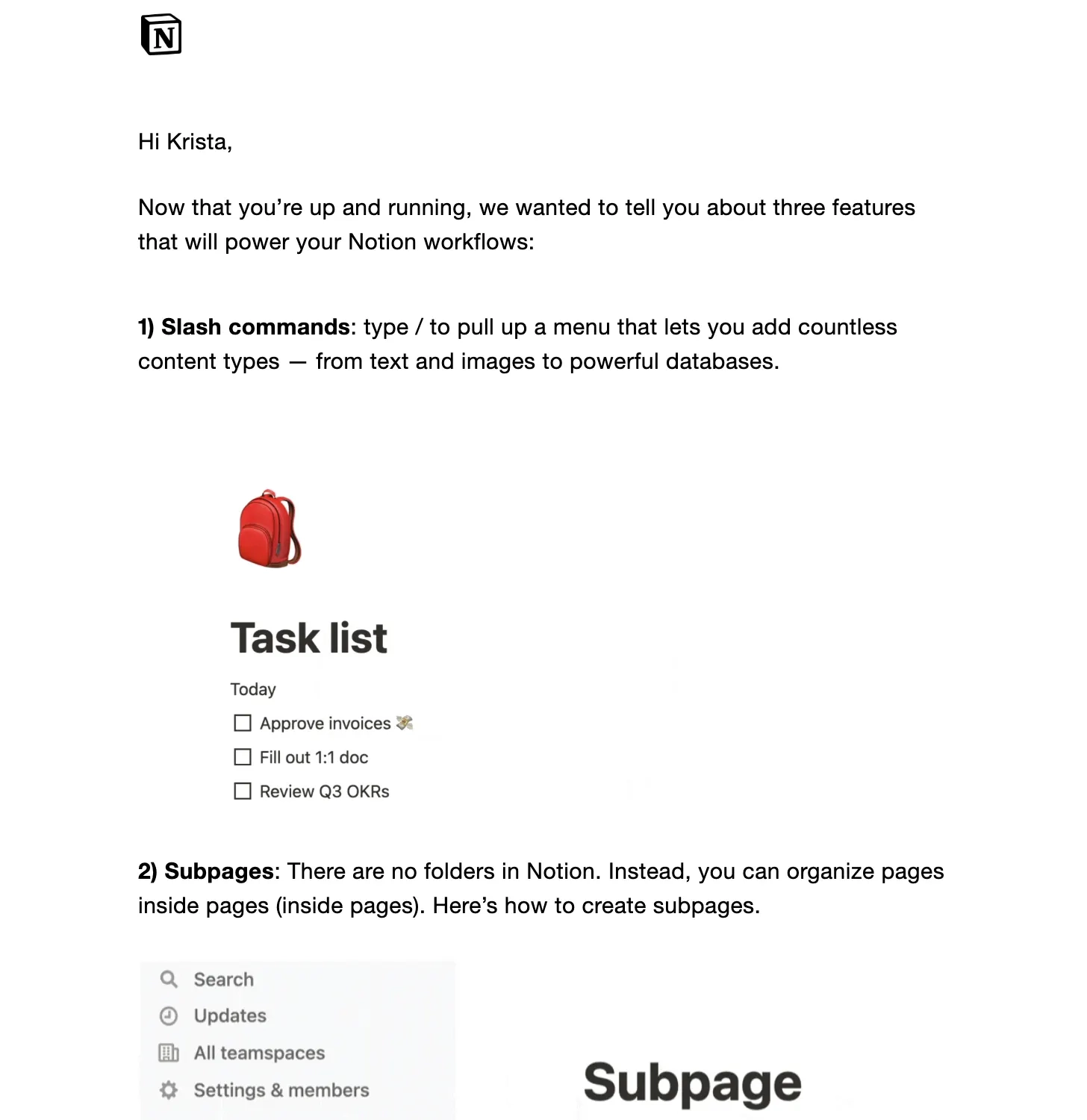 Multimodal Onboarding in SaaS Emails: Screenshot of Notion’s email featuring multiple onboarding methods