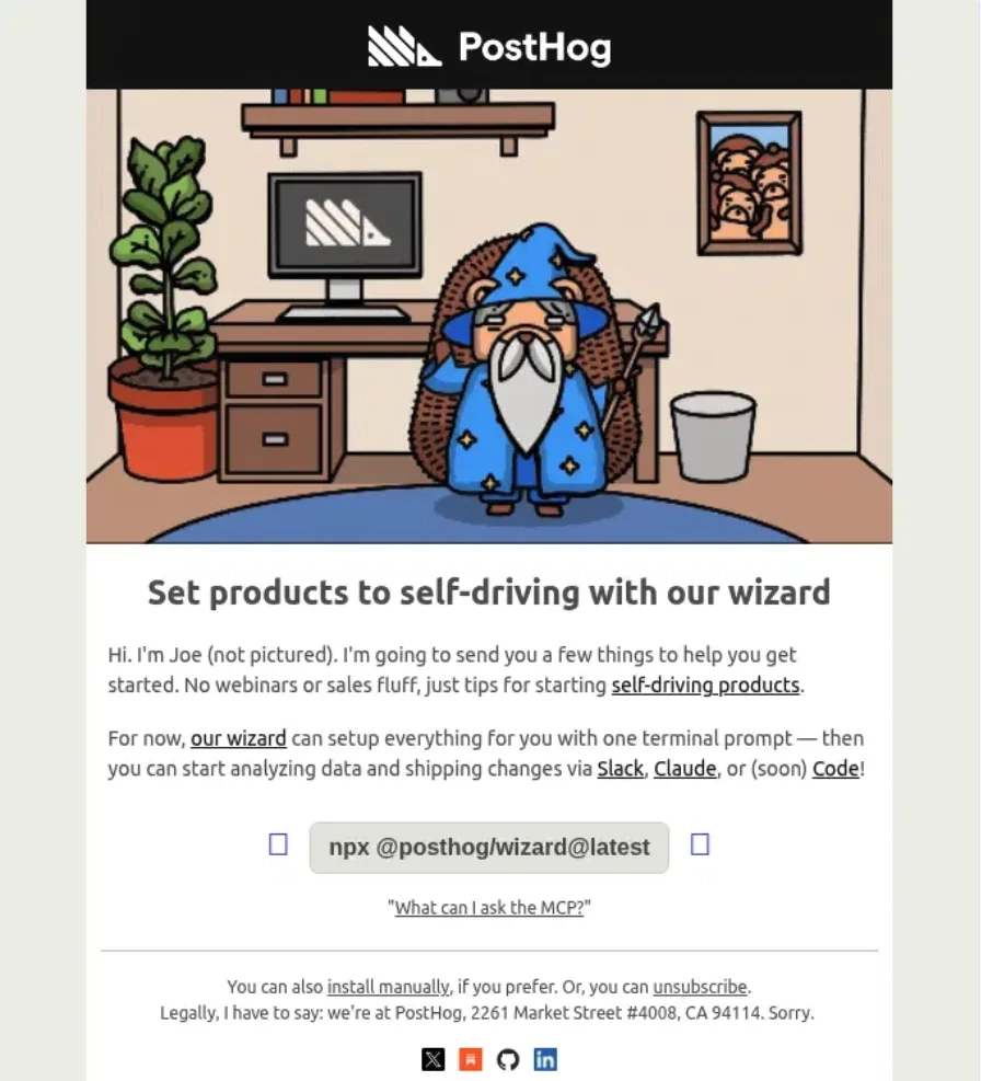 Multimodal Onboarding in SaaS Emails: Screenshot of PostHog’s email featuring multiple onboarding methods