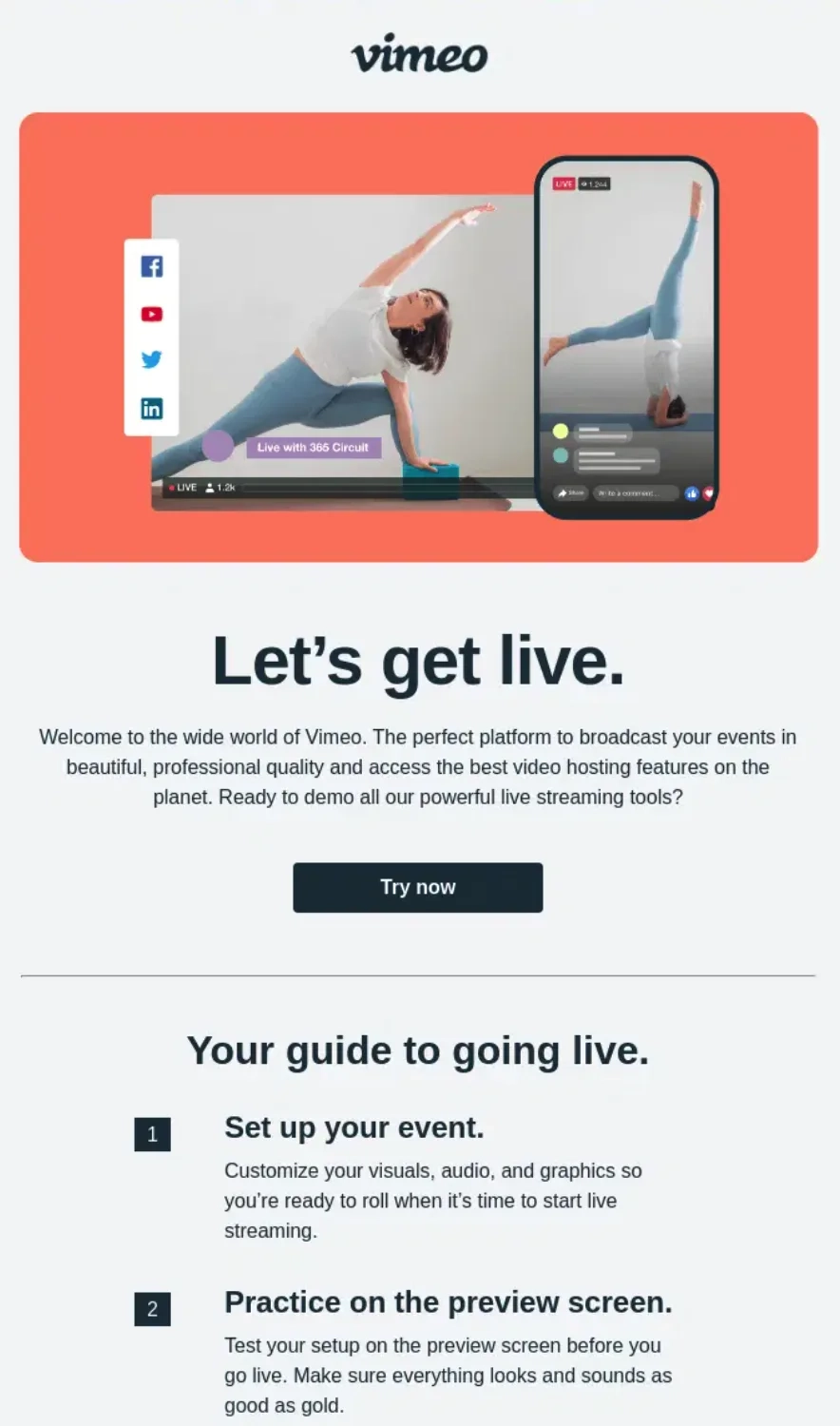 Multimodal Onboarding in SaaS Emails: Screenshot of Vimeo’s email featuring multiple onboarding methods