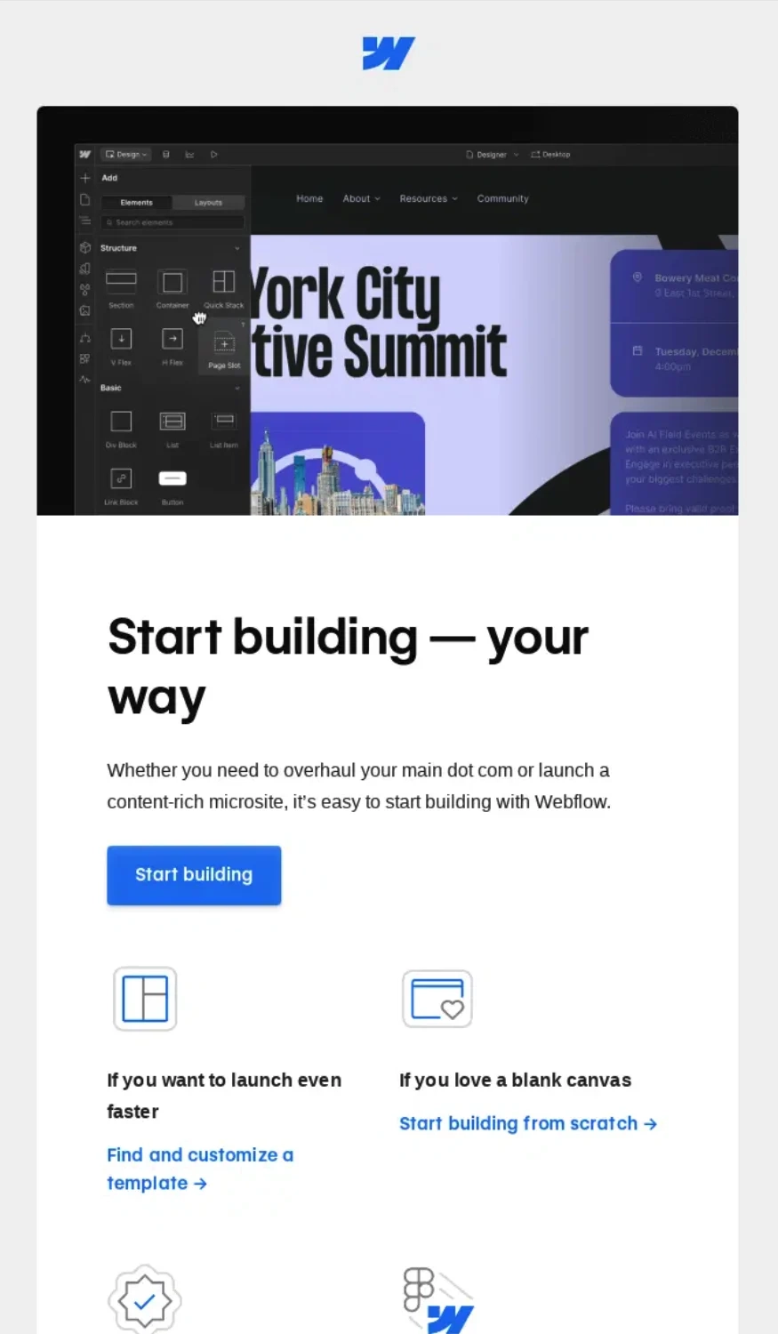 Multimodal Onboarding in SaaS Emails: Screenshot of Webflow’s email featuring multiple onboarding methods