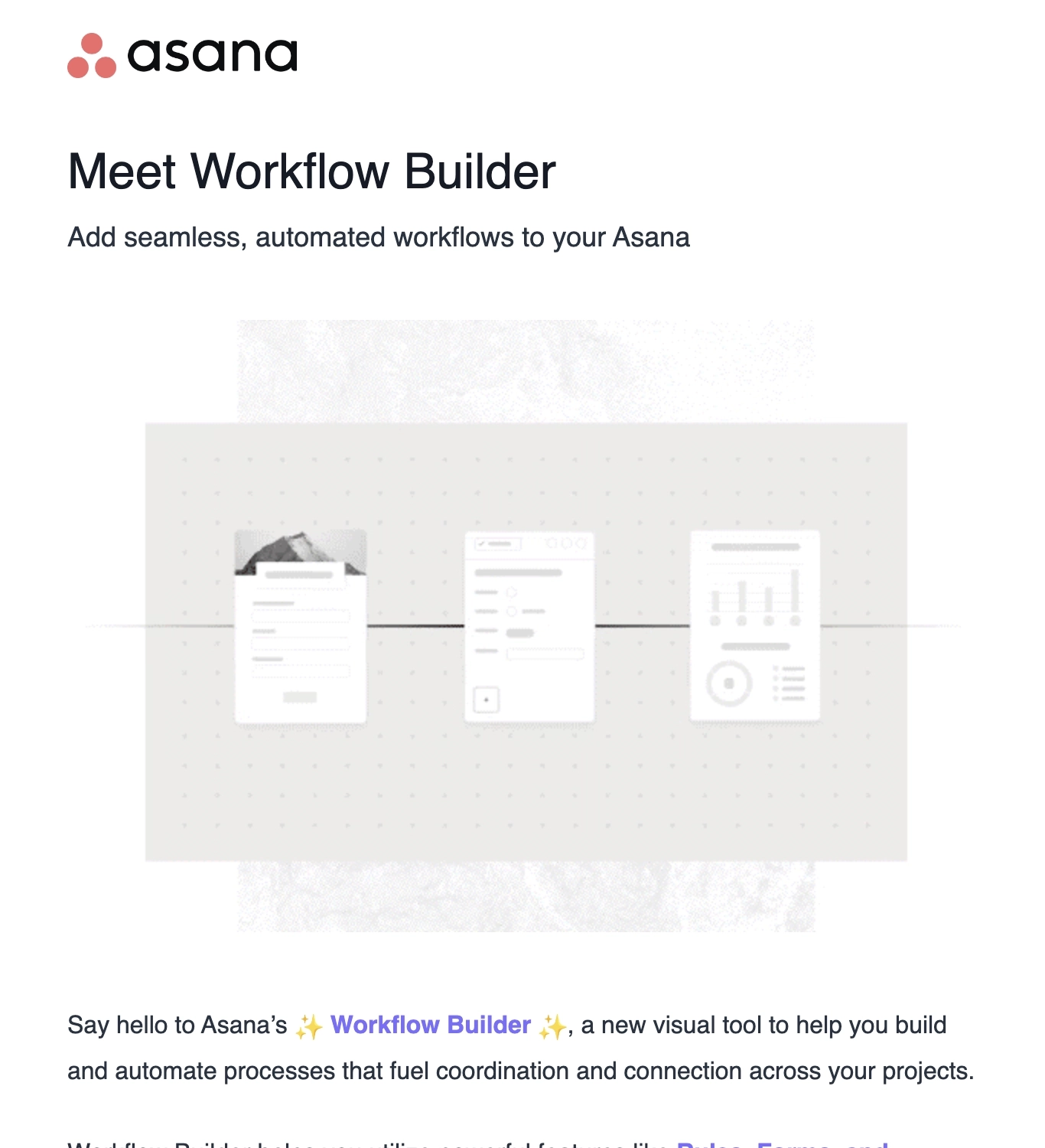 New Feature Announcement Emails: Screenshot of Asana's email talking about their latest feature