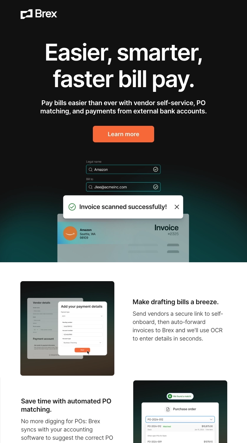 New Feature Announcement Emails: Screenshot of Brex's email talking about their latest feature