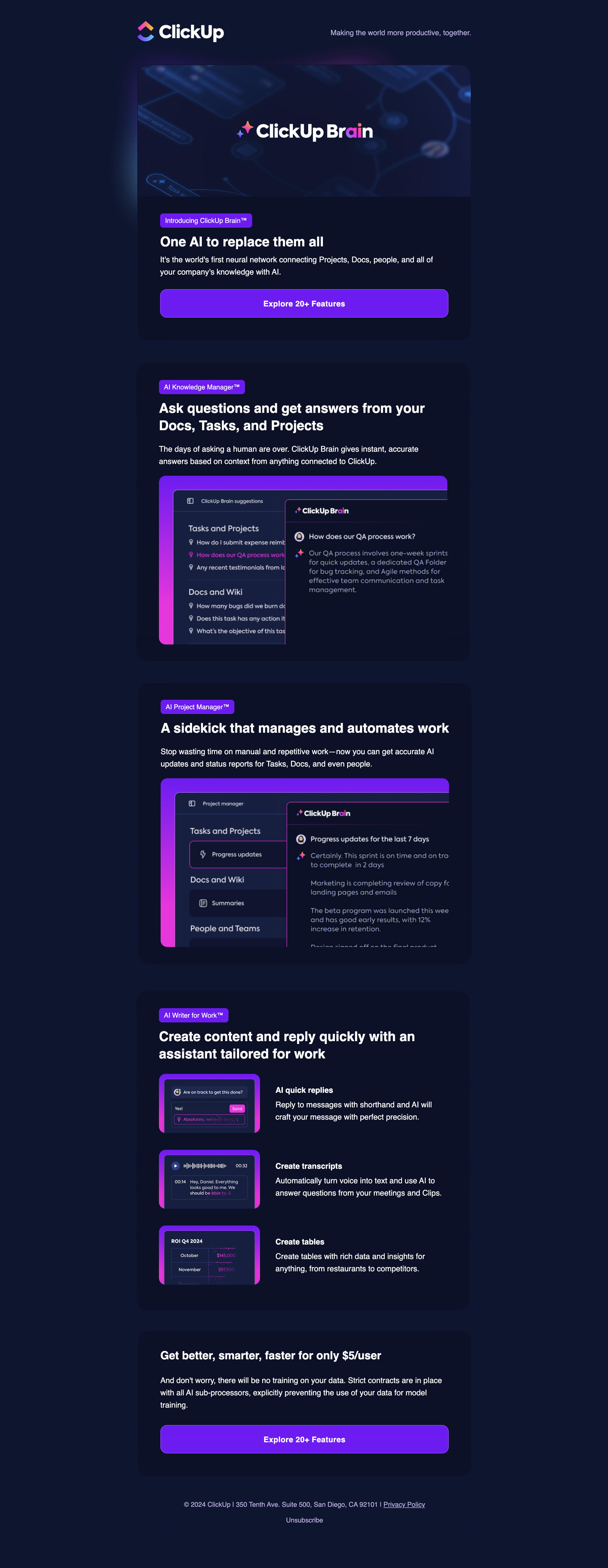 New Feature Announcement Emails: Screenshot of ClickUp's new feature roundup email