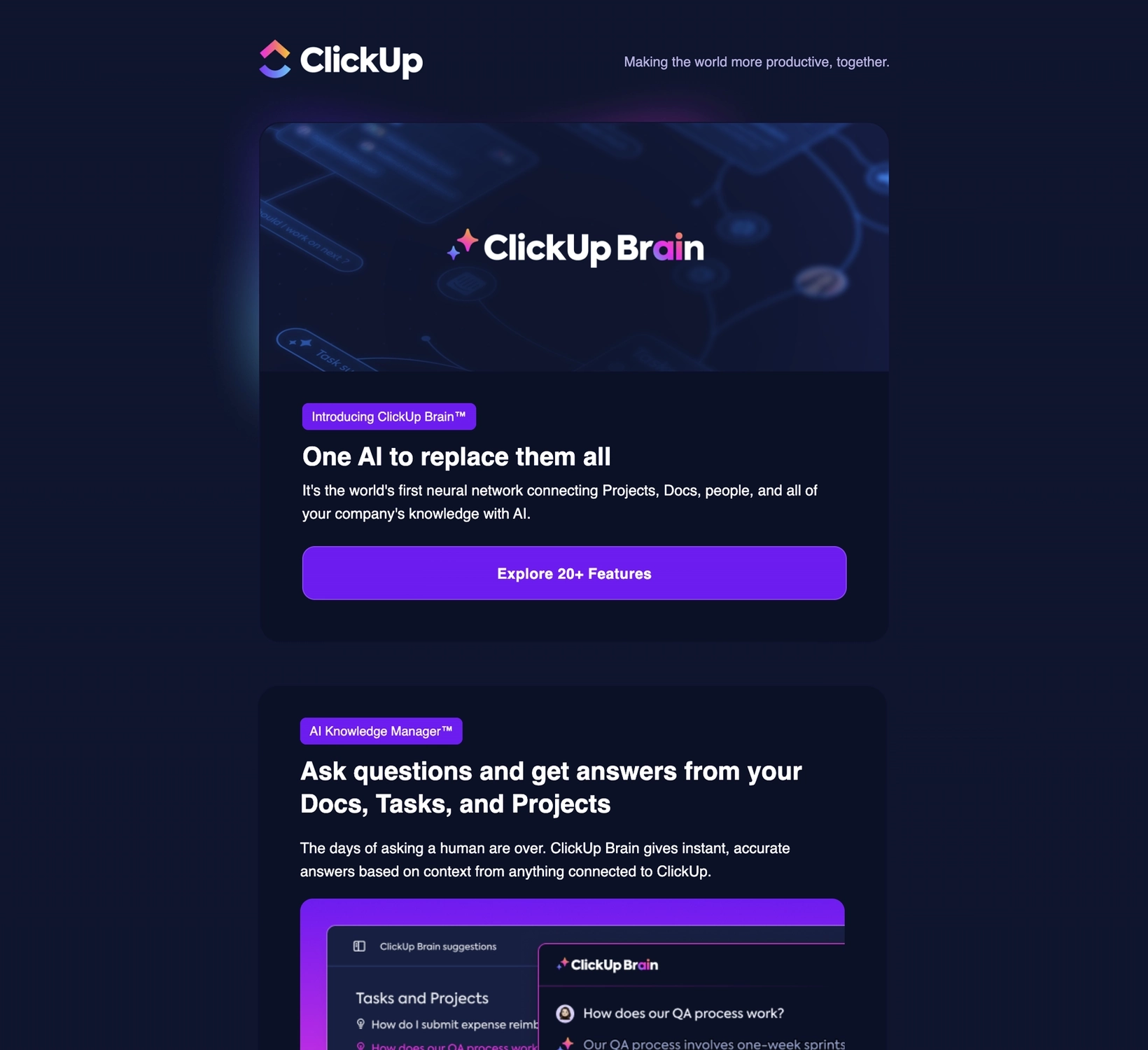 New Feature Announcement Emails: Screenshot of ClickUp's new feature roundup email