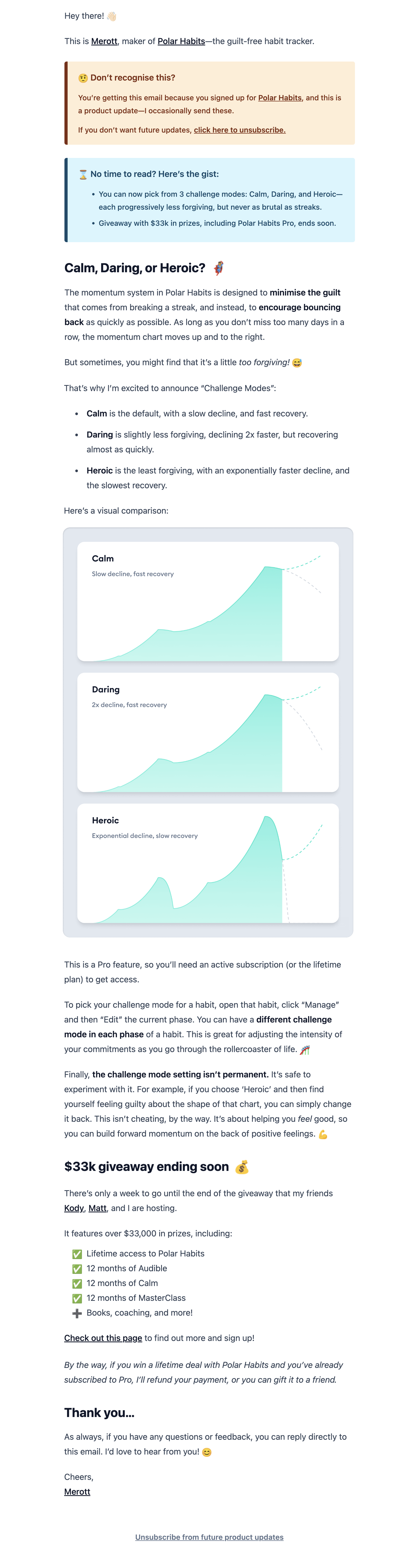 New Feature Announcement Emails: Screenshot of Polar Habits' email talking about their latest feature