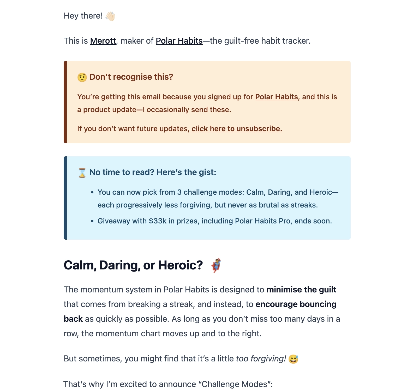 New Feature Announcement Emails: Screenshot of Polar Habits' email talking about their latest feature
