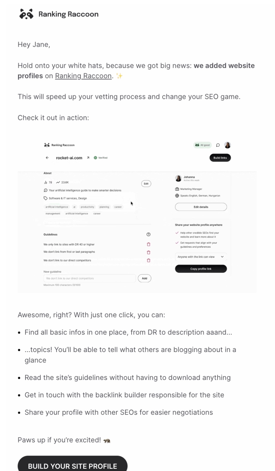GIFs in SaaS Emails: Screenshot of Ranking Raccoon's feature announcement email
