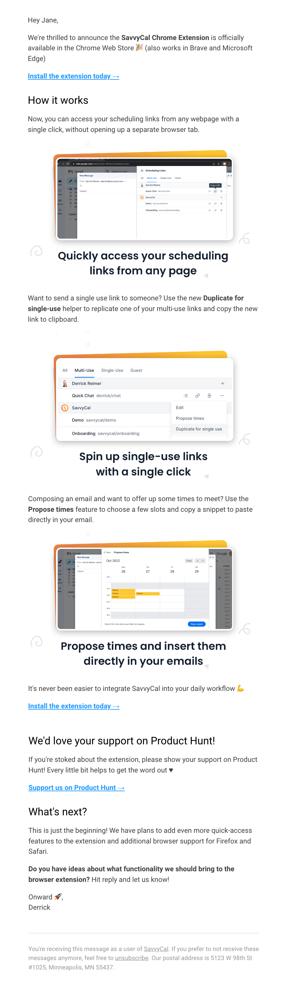 New Feature Announcement Emails: Screenshot of SavvyCal's email talking about their latest feature