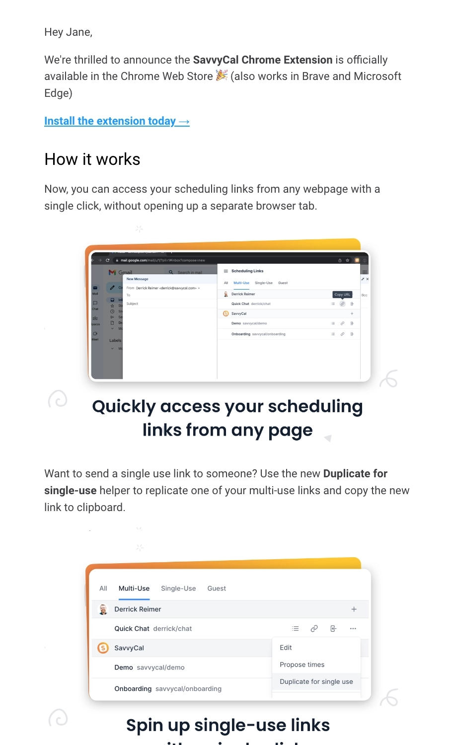 New Feature Announcement Emails: Screenshot of SavvyCal's email talking about their latest feature