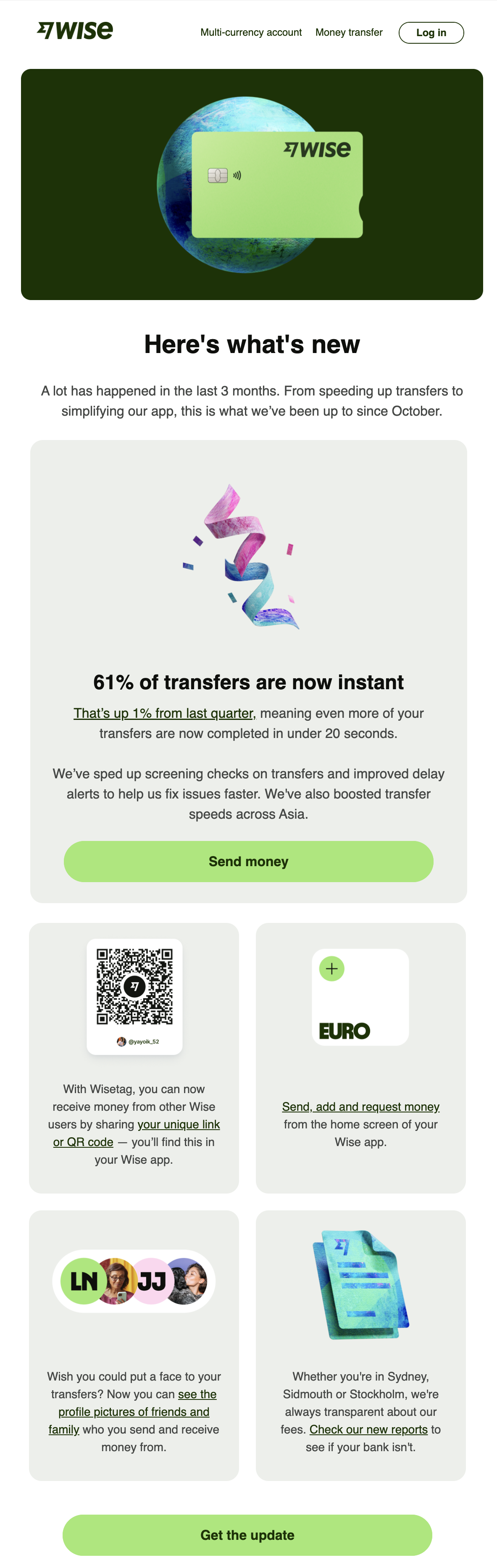 New Feature Announcement Emails: Screenshot of Wise's year roundup email talking about features