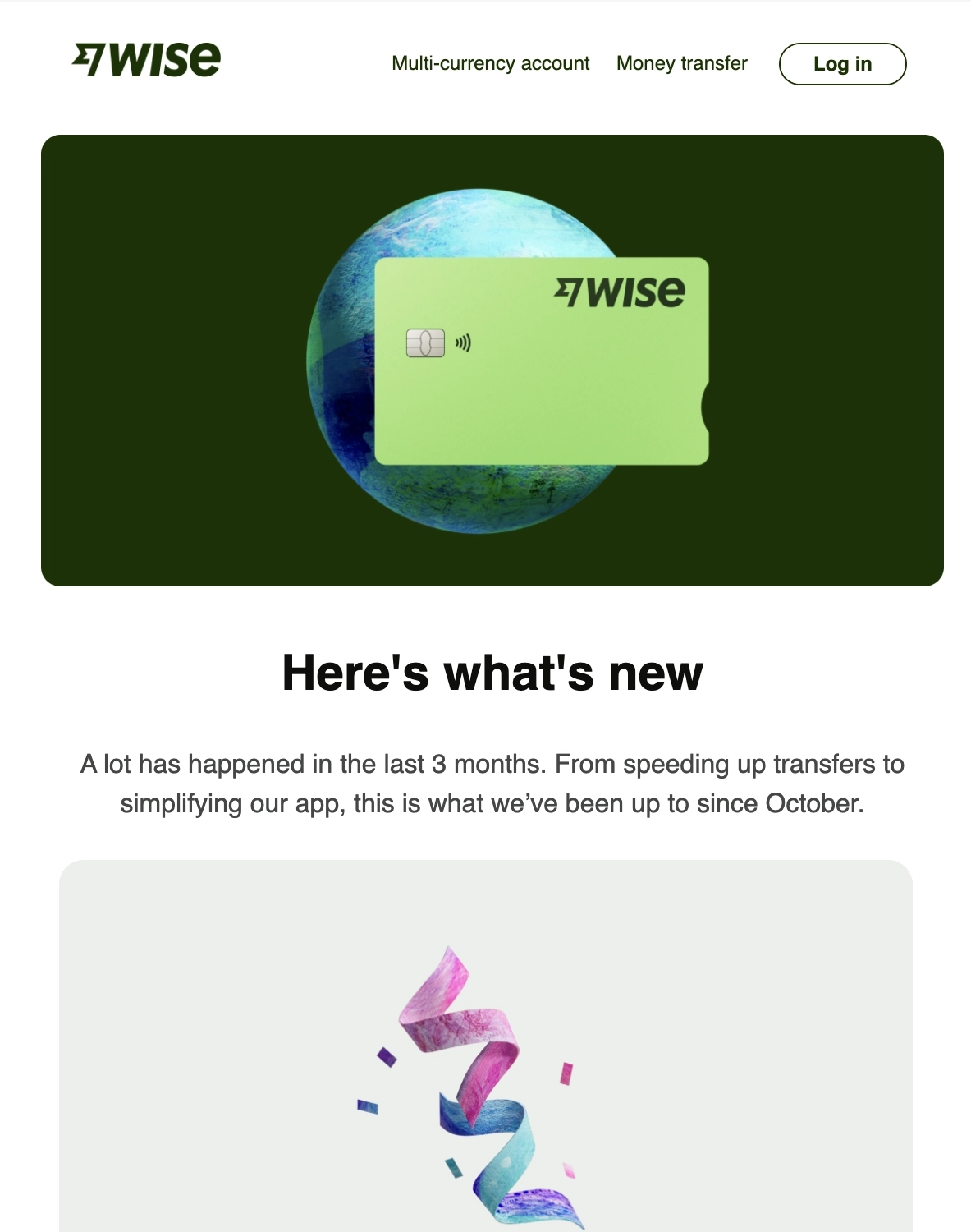 Year-in-review emails: Screenshot of Wise's year-in-review email about product features