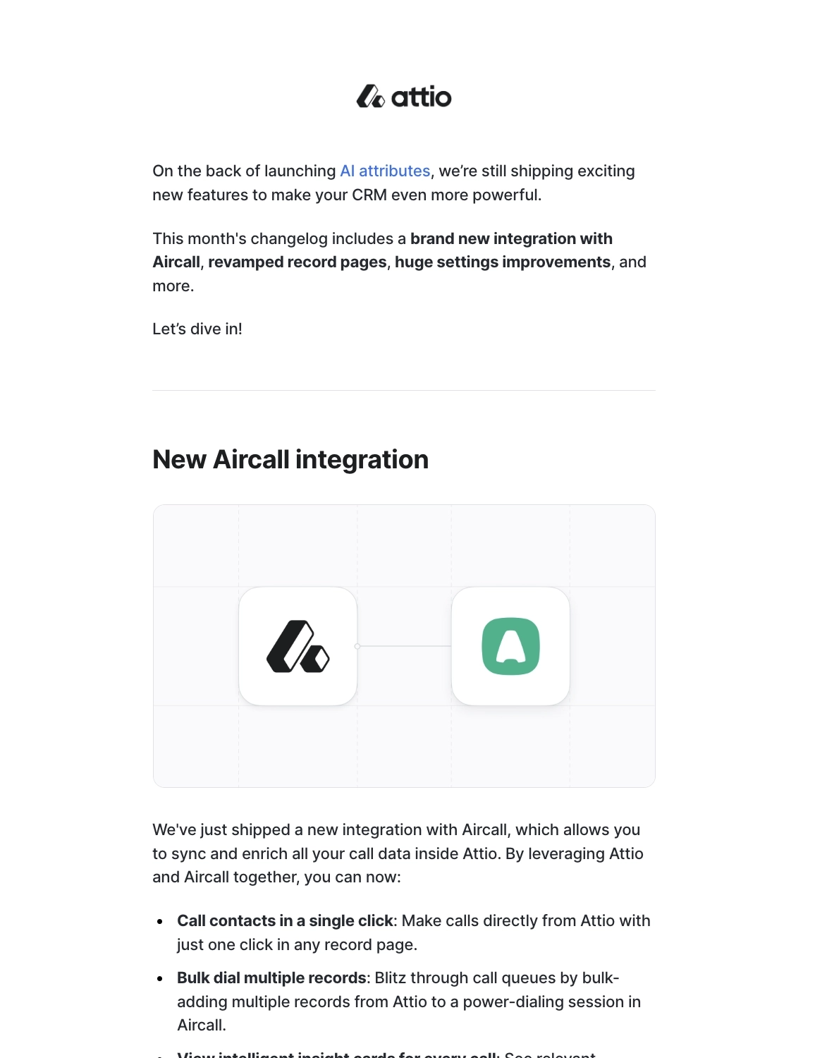 SaaS New Integration Announcement Emails: Screenshot of Attio's newsletter that has a section for their Aircall integration