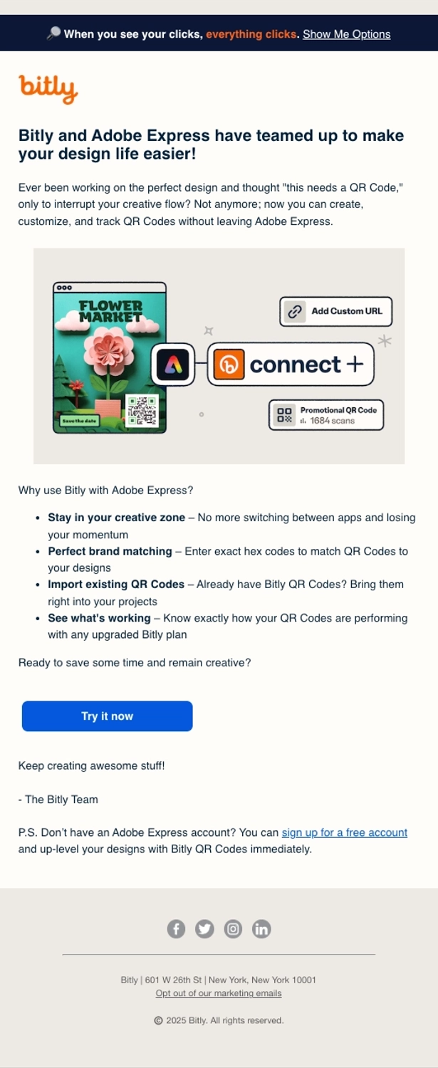 SaaS New Integration Announcement Emails: Screenshot of Bitly's announcement for their Adobe Express integration
