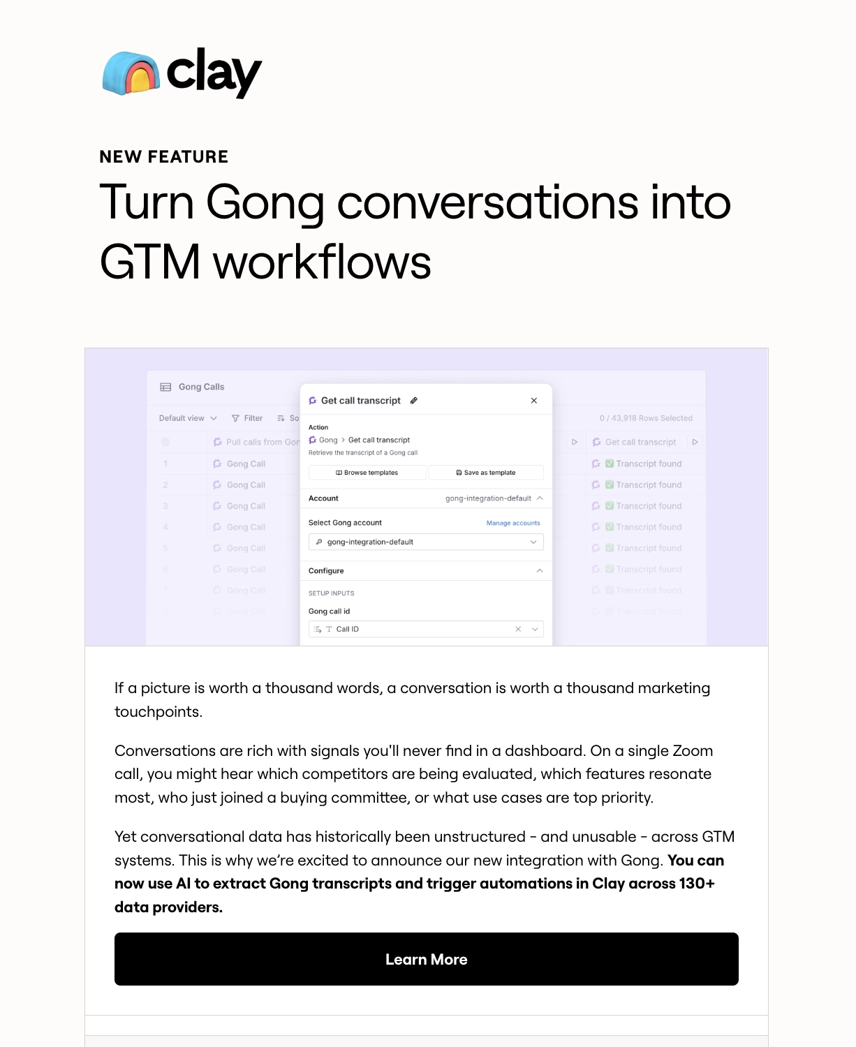 SaaS New Integration Announcement Emails: Screenshot of Clay's announcement for their Gong integration
