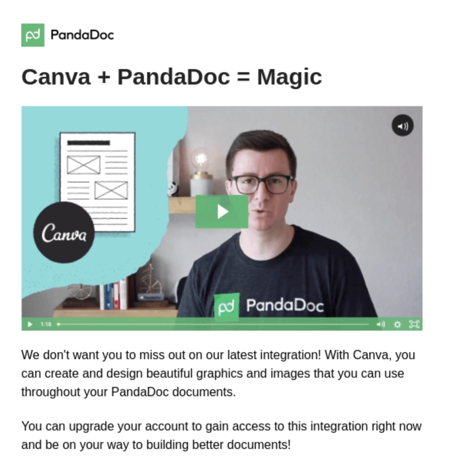 SaaS New Integration Announcement Emails: Screenshot of PandaDoc's announcement for their Canva integration