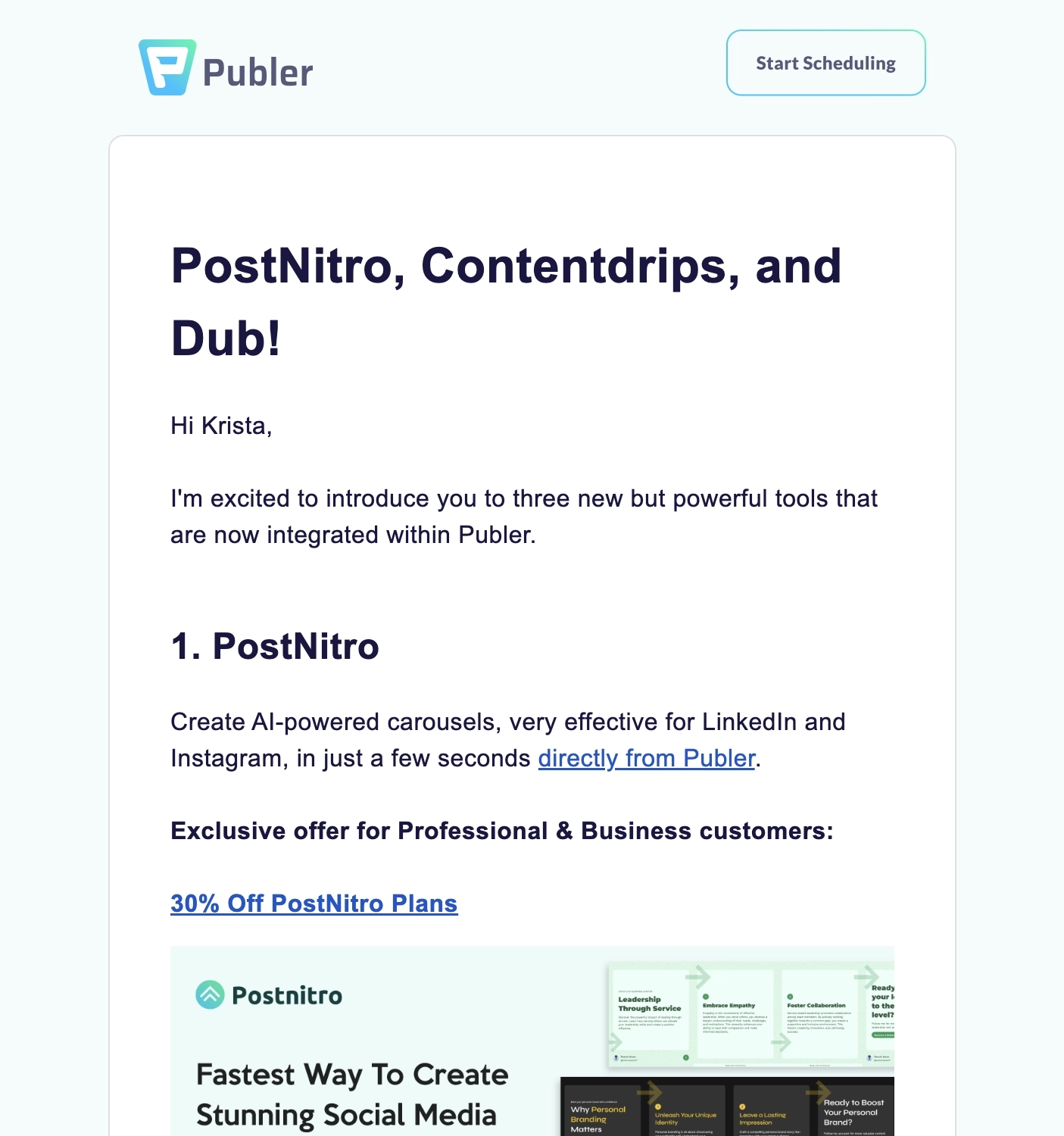 SaaS New Integration Announcement Emails: Screenshot of Publer's announcement for three integrations