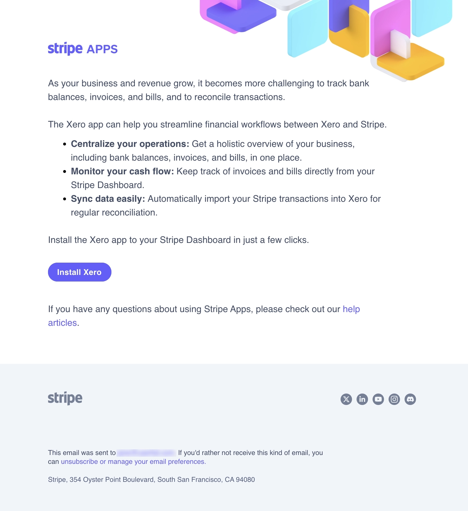 SaaS New Integration Announcement Emails: Screenshot of Stripe's announcement for their Xero integration