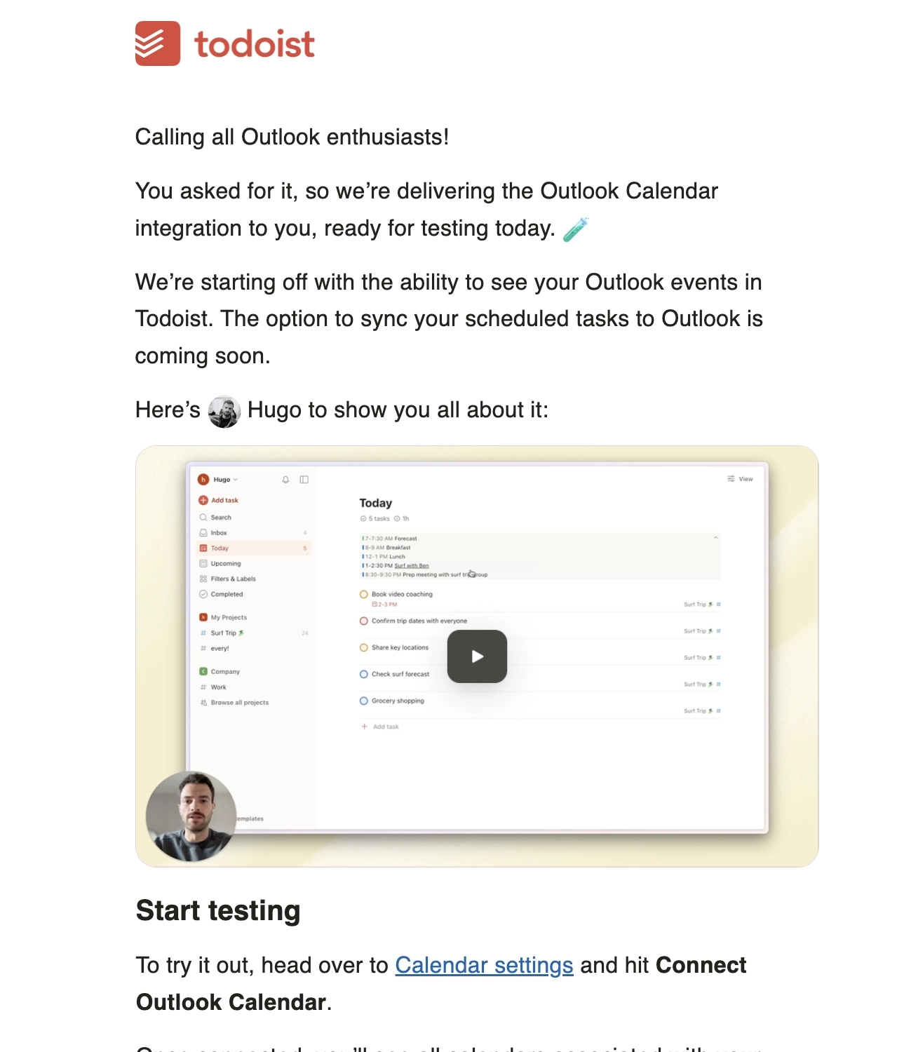 SaaS New Integration Announcement Emails: Screenshot of Todoist's announcement for their experimental Outlook integration