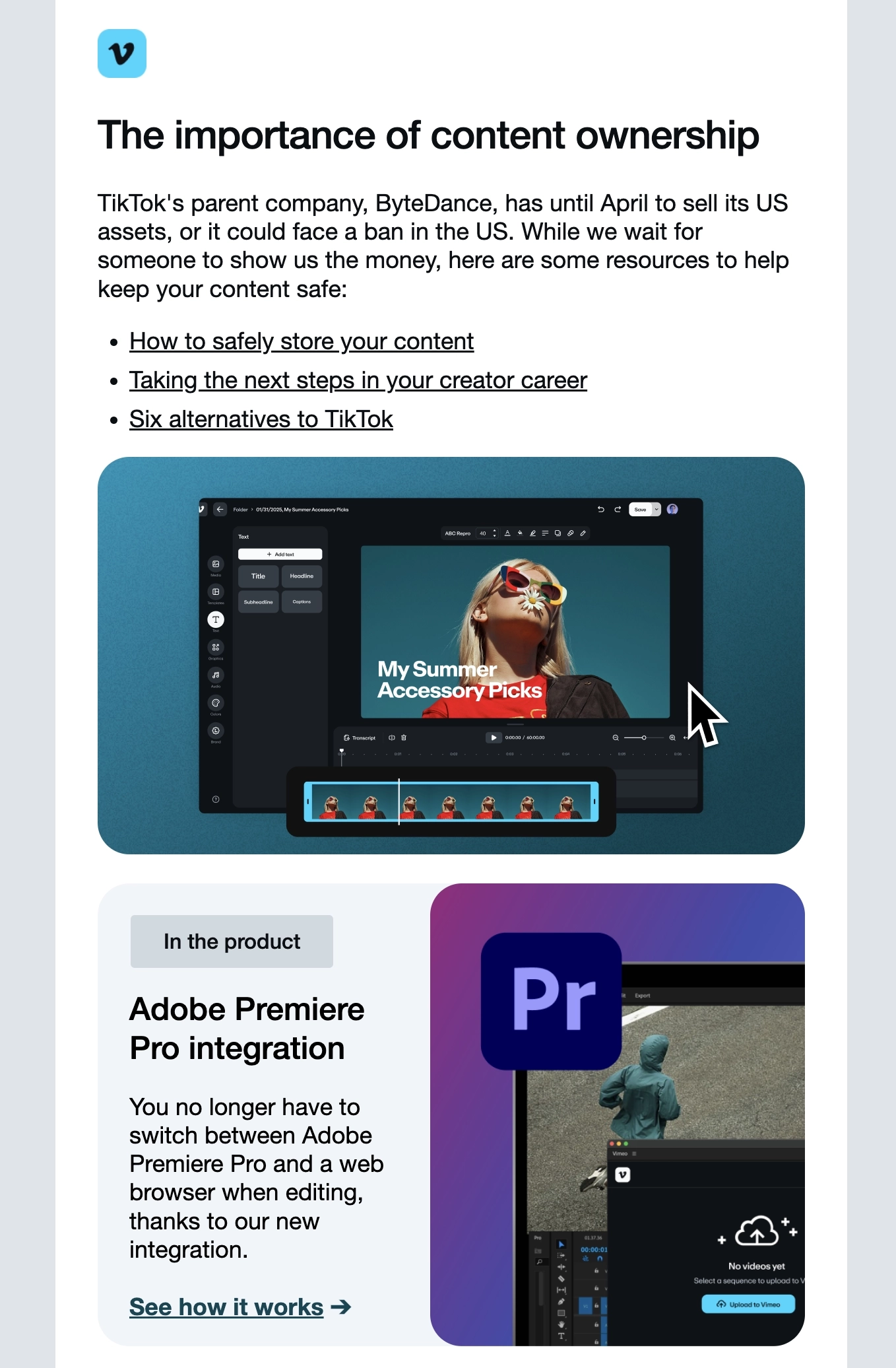 SaaS New Integration Announcement Emails: Screenshot of Vimeo's newsletter that has a section for their Adobe Premier Pro integration