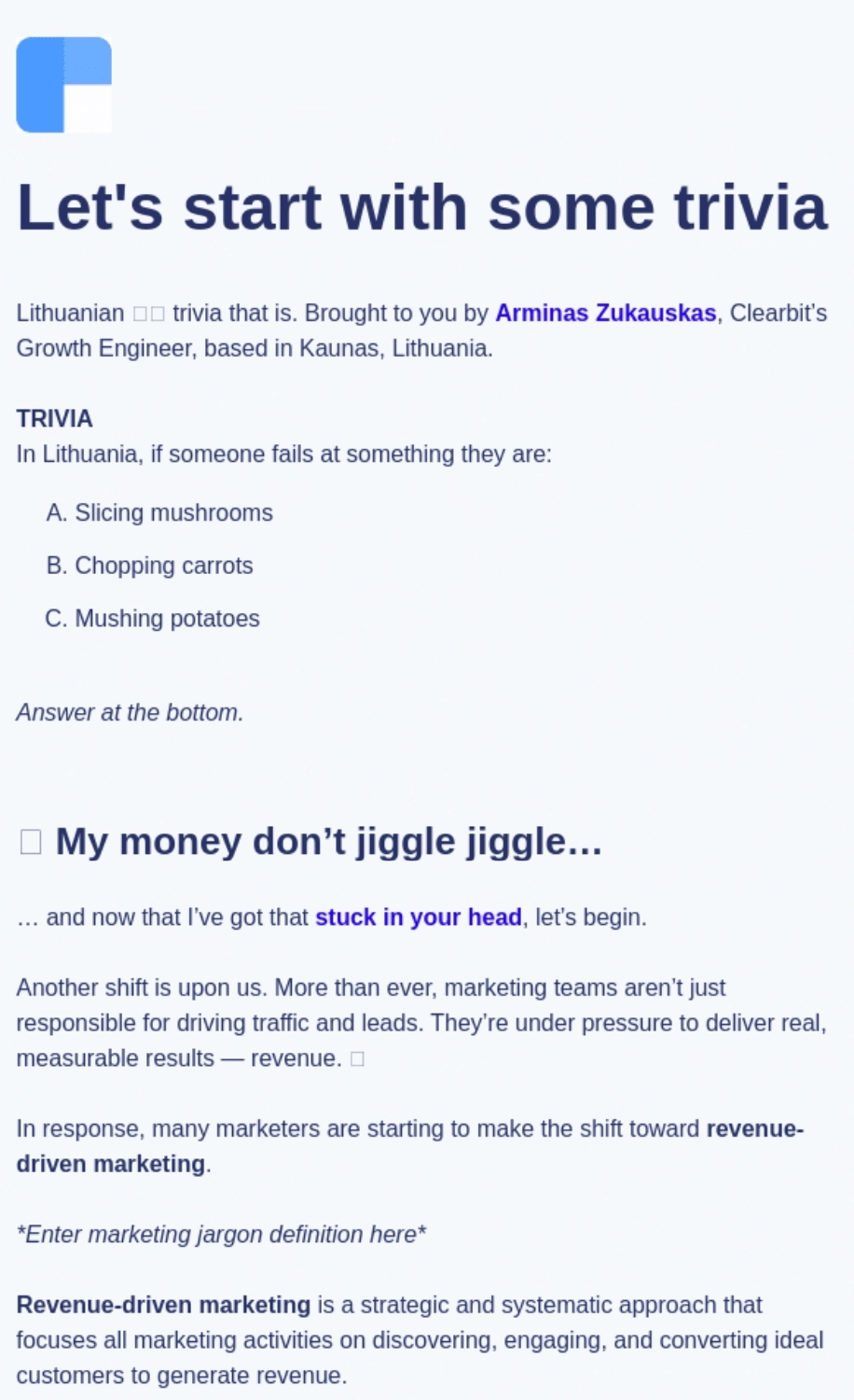 SaaS Newsletter Examples: Screenshot of Clearbit's newsletter