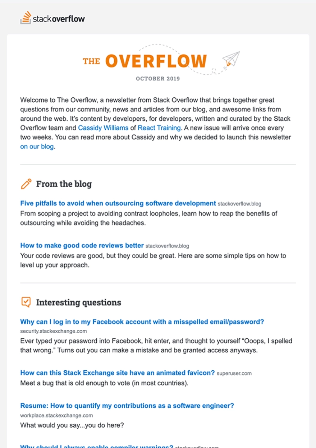 SaaS Newsletter Examples: Screenshot of Stack Overflow's newsletter