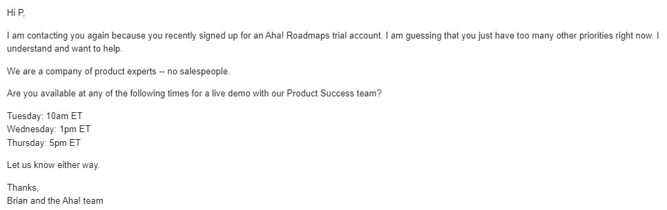 Addressing Obstacles and Anxieties in SaaS Onboarding Emails: Screenshot of Aha!'s email