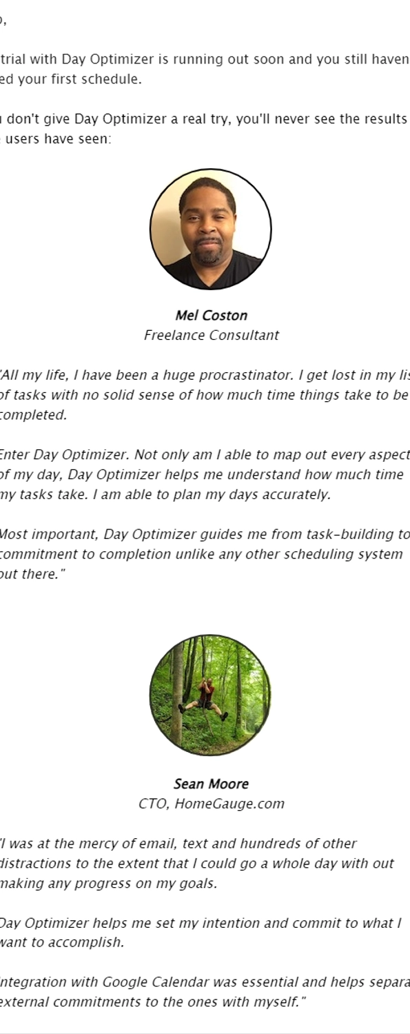 Addressing Obstacles and Anxieties in SaaS Onboarding Emails: Screenshot of Day Optimizer's email