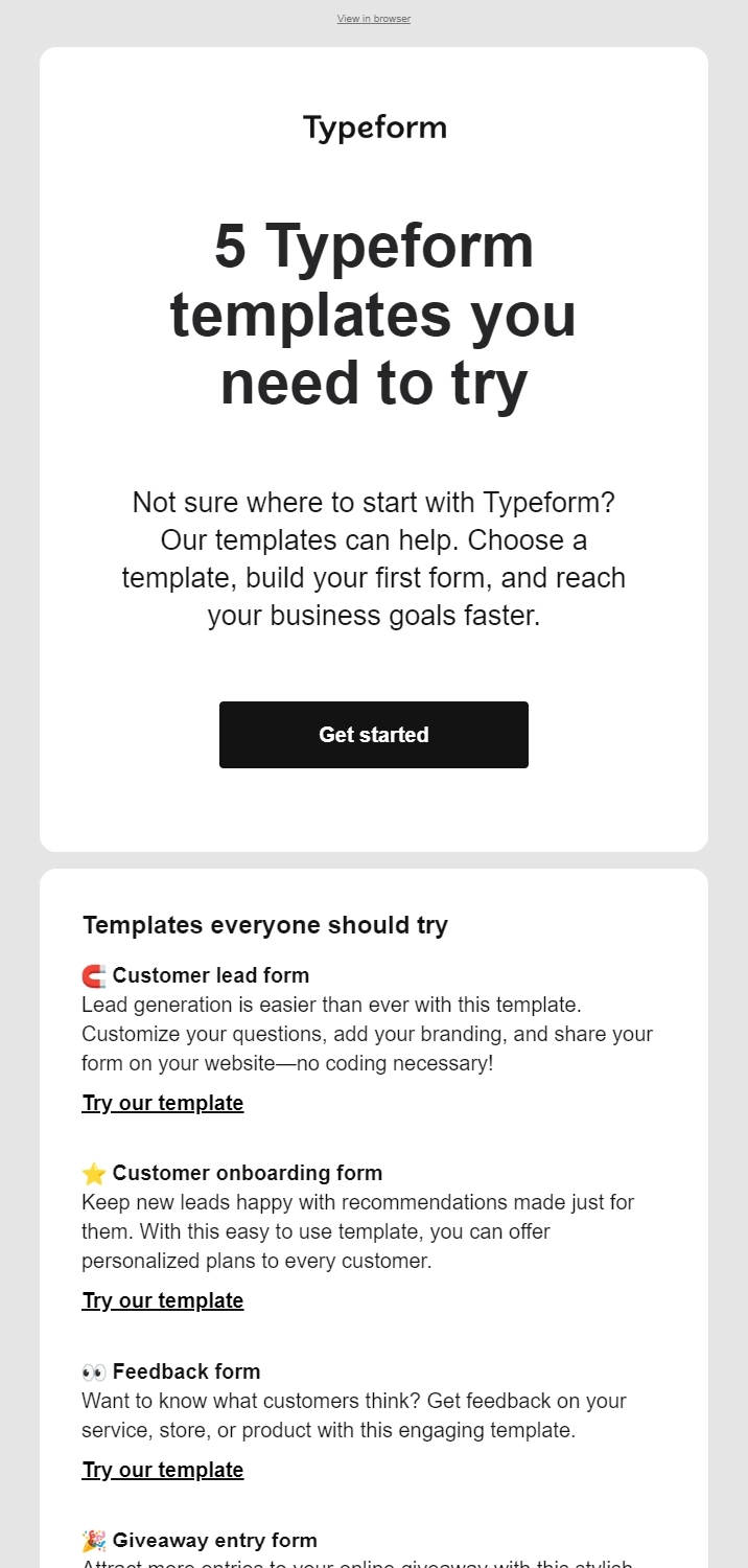 Addressing Obstacles and Anxieties in SaaS Onboarding Emails: Screenshot of Typeform's email
