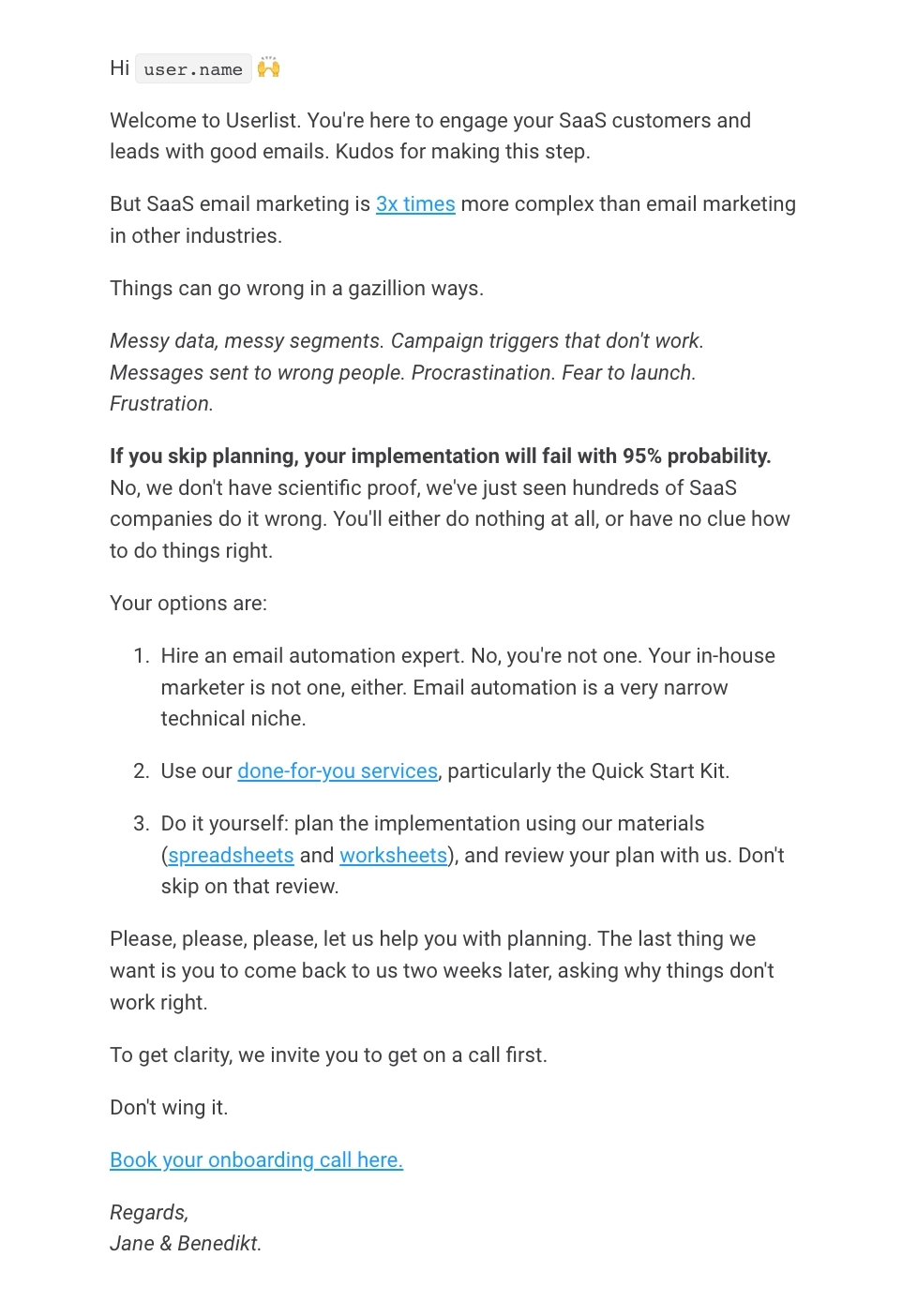 Addressing Obstacles and Anxieties in SaaS Onboarding Emails: Screenshot of Userlist's email
