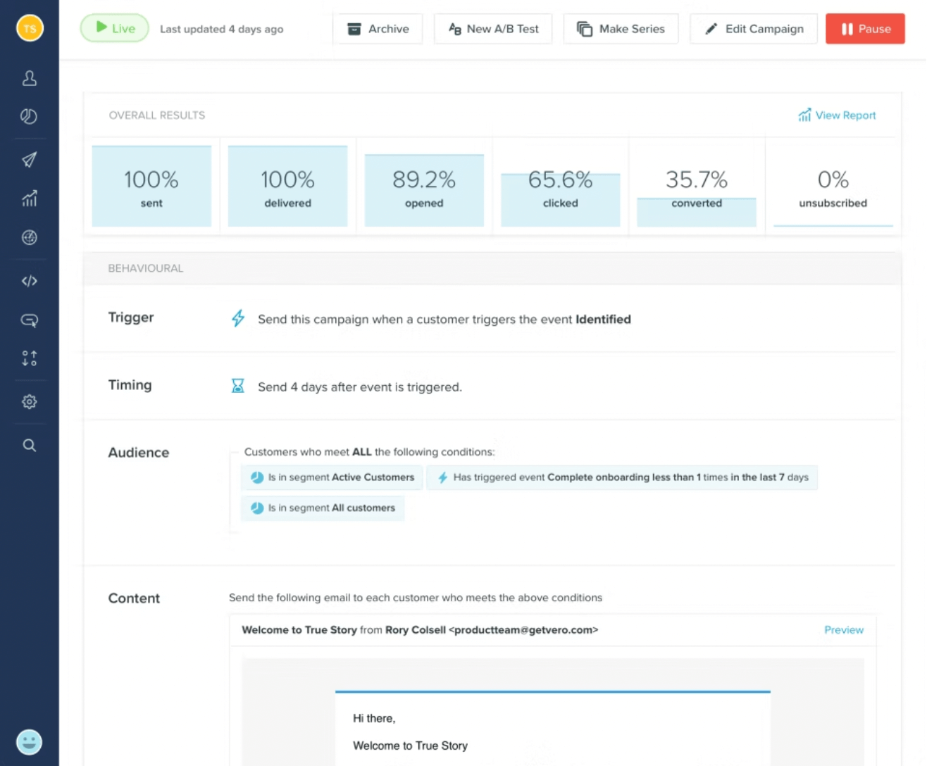 Pardot alternatives: Screenshot of Vero dashboard