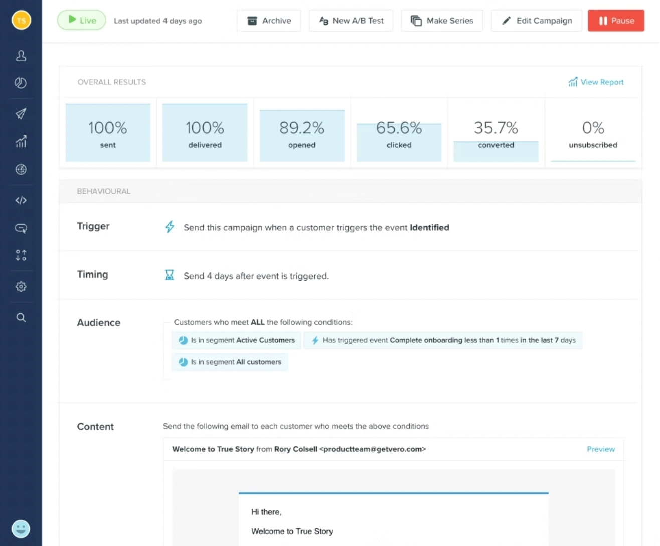 Pardot alternatives: Screenshot of Vero dashboard