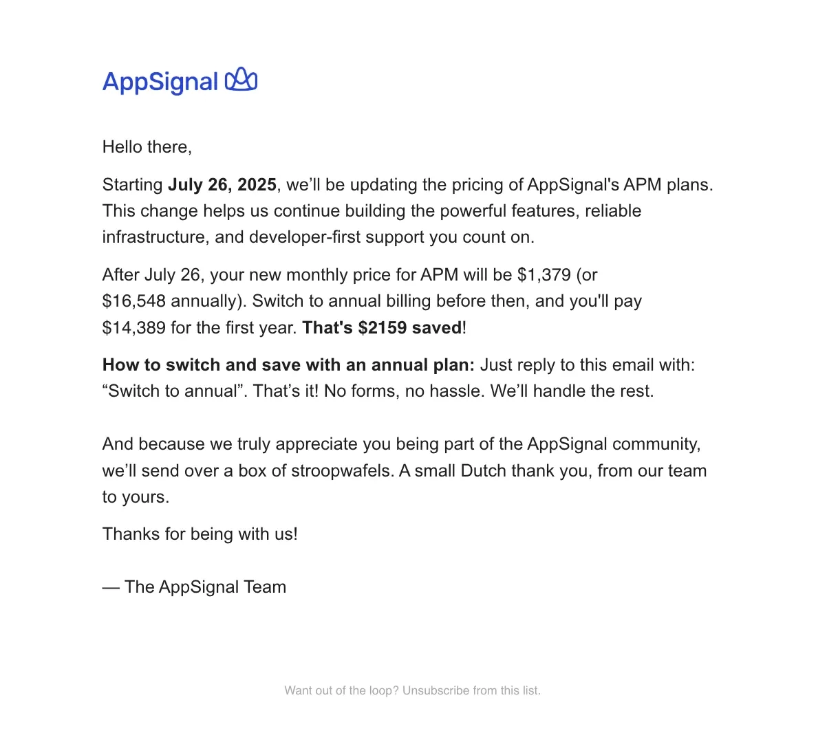 SaaS Pricing Update Emails: Screenshot of pricing update email from AppSignal