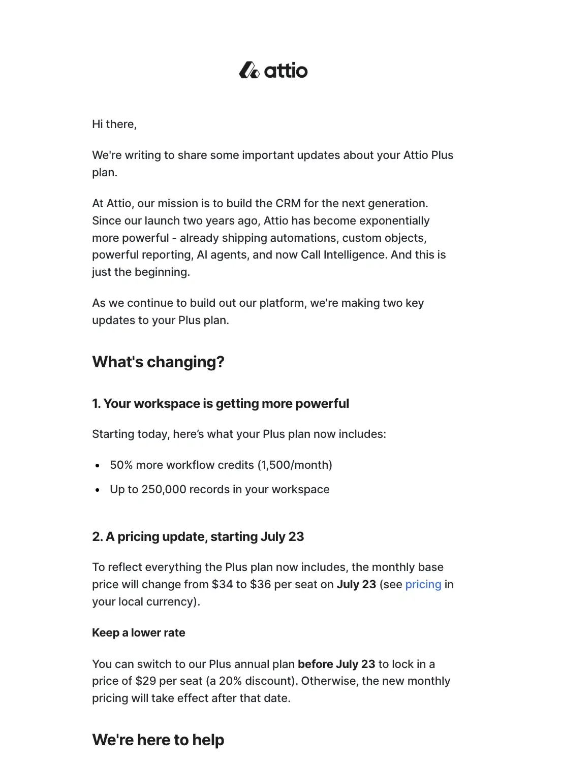 SaaS Pricing Update Emails: Screenshot of pricing update email from Attio