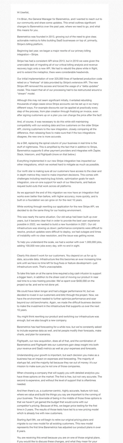 SaaS Pricing Update Emails: Screenshot of pricing update email from Baremetrics