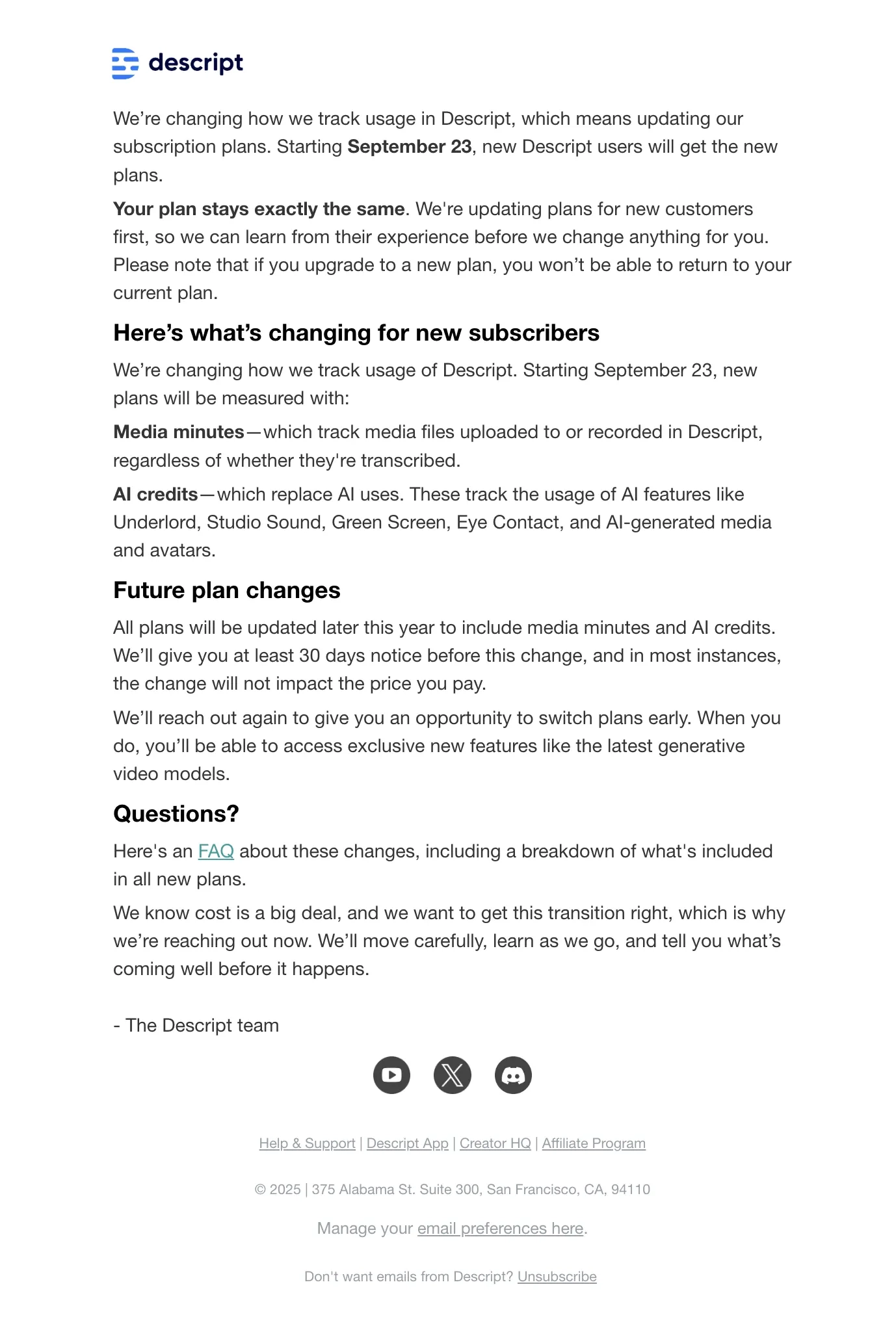 SaaS Pricing Update Emails: Screenshot of pricing update email from Descript in 2025