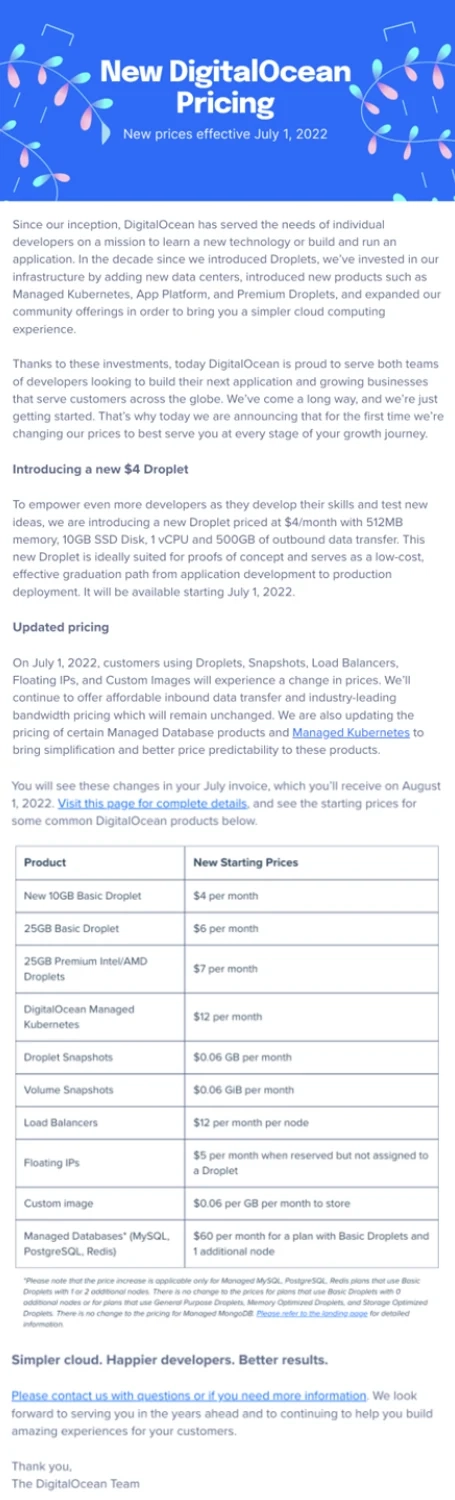 SaaS Pricing Update Emails: Screenshot of pricing update email from Digital Ocean