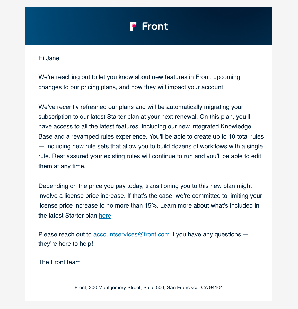 SaaS Pricing Update Emails: Screenshot of pricing update email from Front