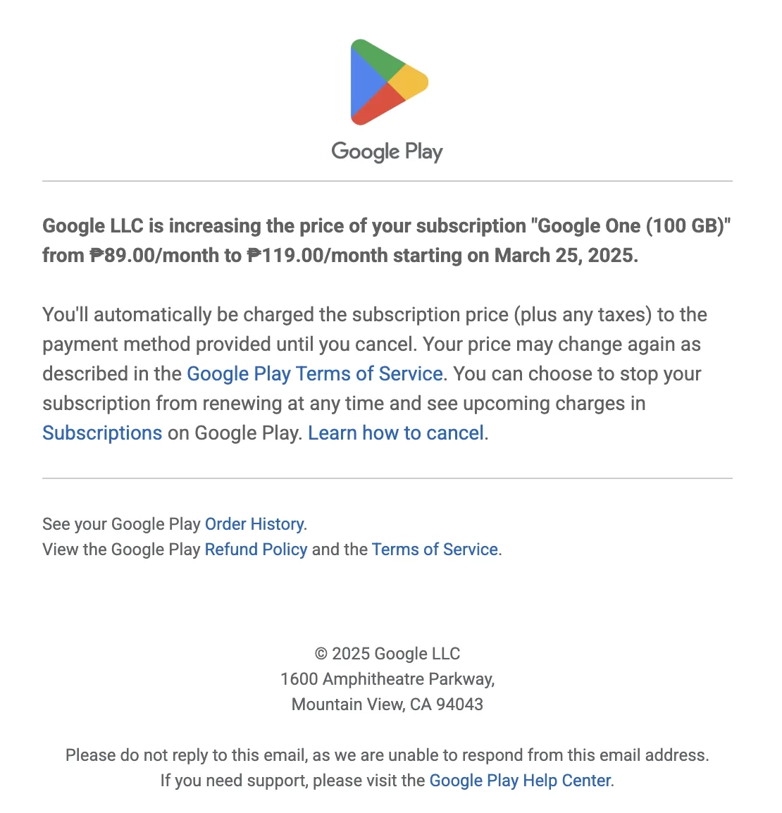 SaaS Pricing Update Emails: Screenshot of pricing update email from Google One
