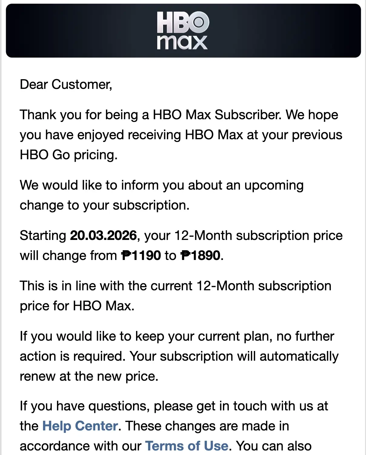 SaaS Pricing Update Emails: Screenshot of pricing update email from HBO Max