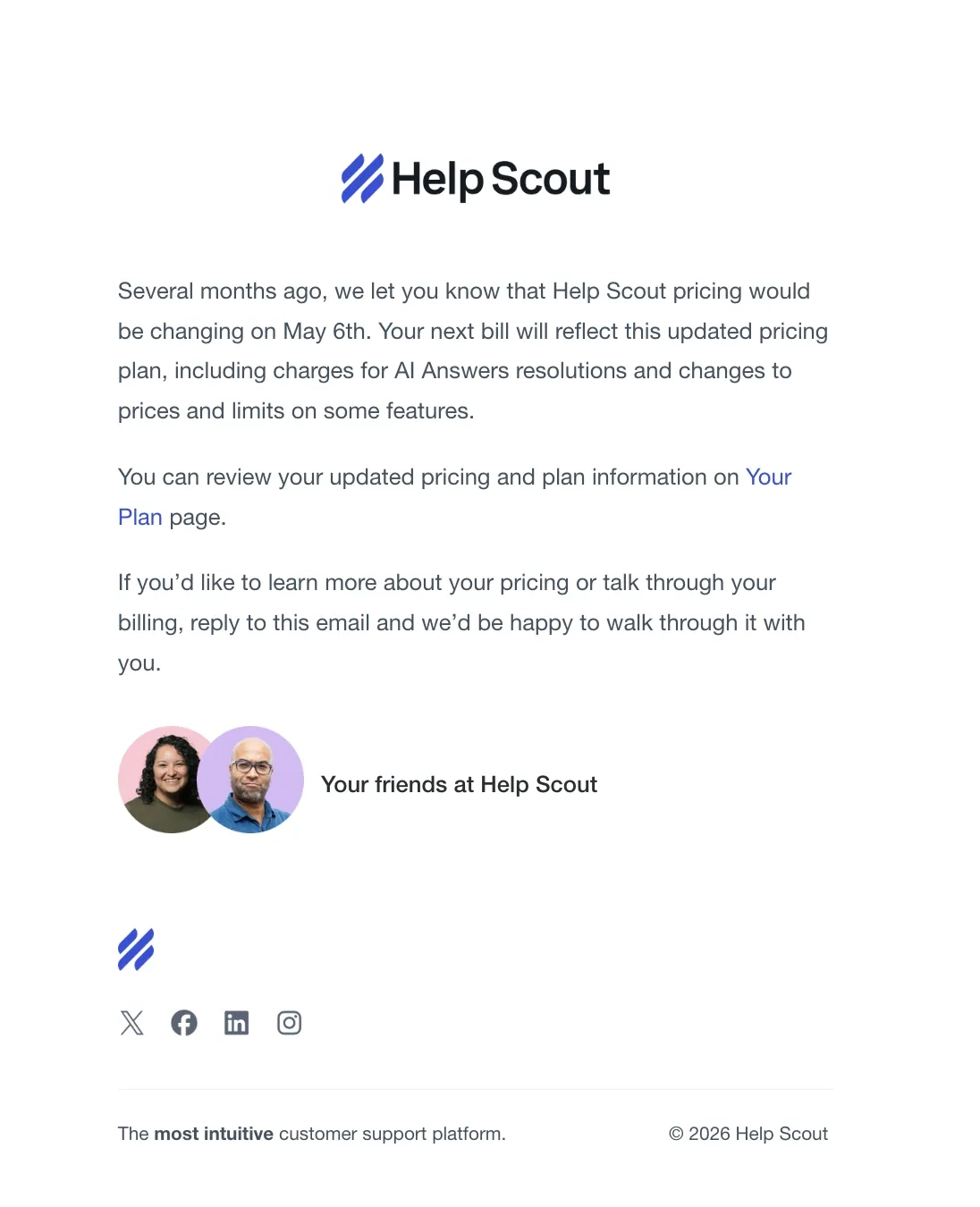 SaaS Pricing Update Emails: Screenshot of pricing update email from Help Scout
