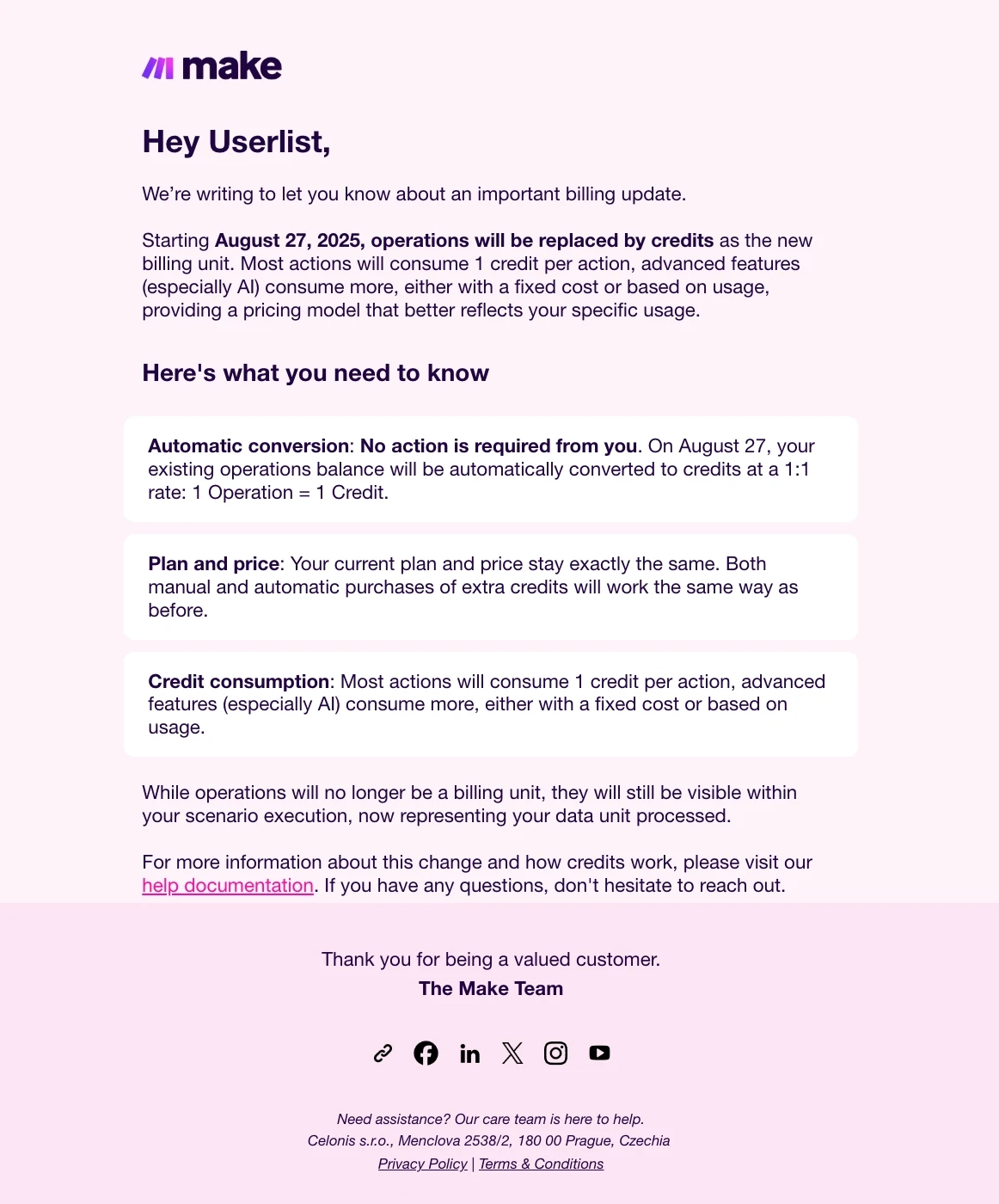 SaaS Pricing Update Emails: Screenshot of pricing update email from Make