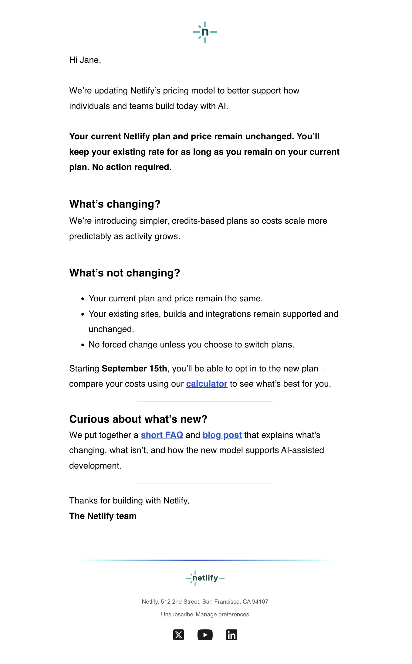 SaaS Pricing Update Emails: Screenshot of pricing update email from Netlify
