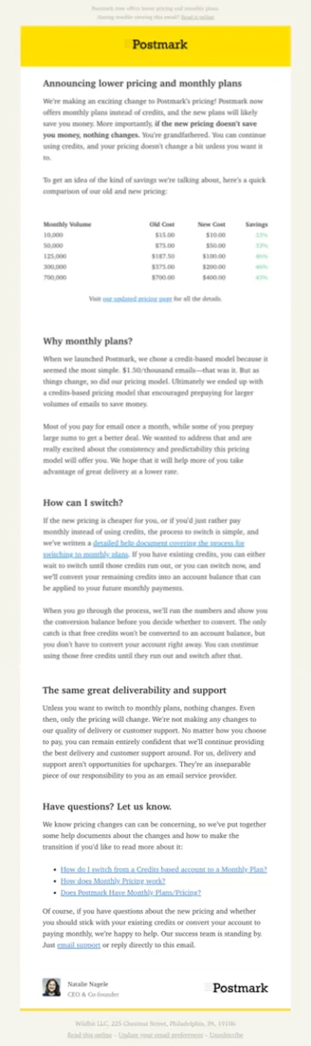 SaaS Pricing Update Emails: Screenshot of pricing update email from Postmark