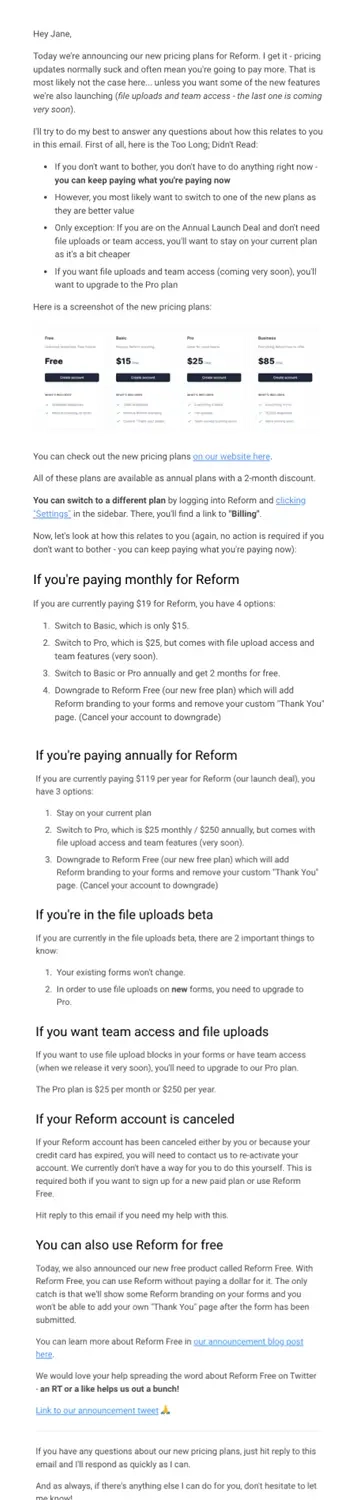 SaaS Pricing Update Emails: Screenshot of pricing update email from Reform