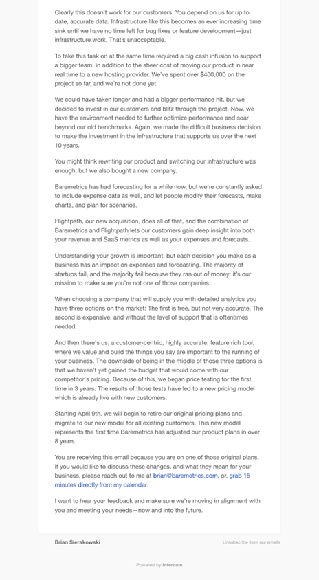 SaaS Pricing Update Emails: Screenshot of pricing update email from Baremetrics