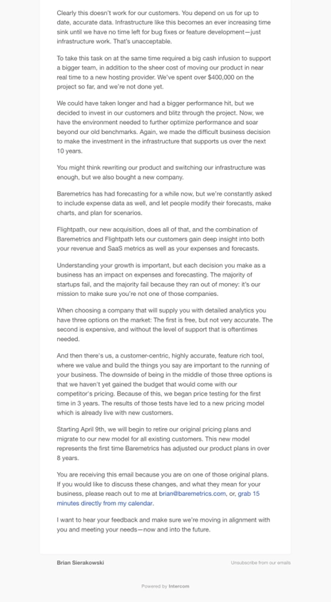 SaaS Pricing Update Emails: Screenshot of pricing update email from Baremetrics