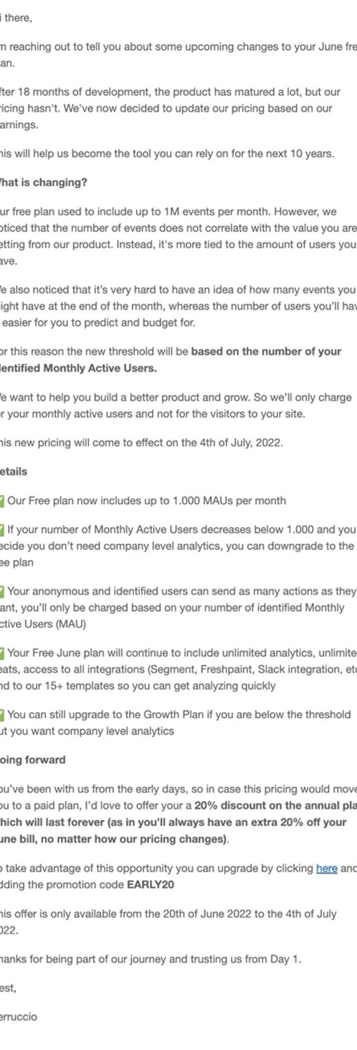 SaaS Pricing Update Emails: Screenshot of pricing update email from June